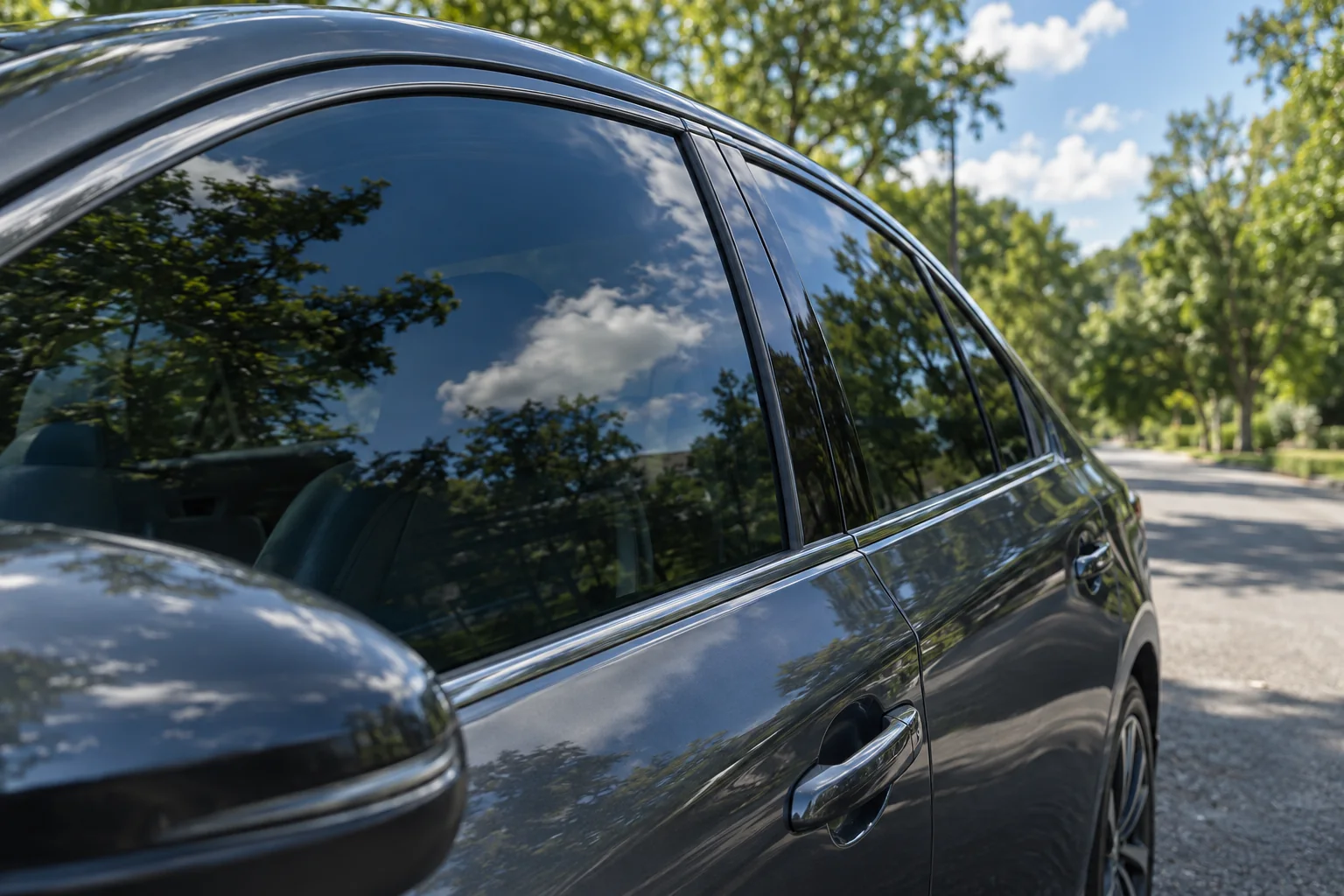 Close-up of a tinted car side window reflecting the sky and trees