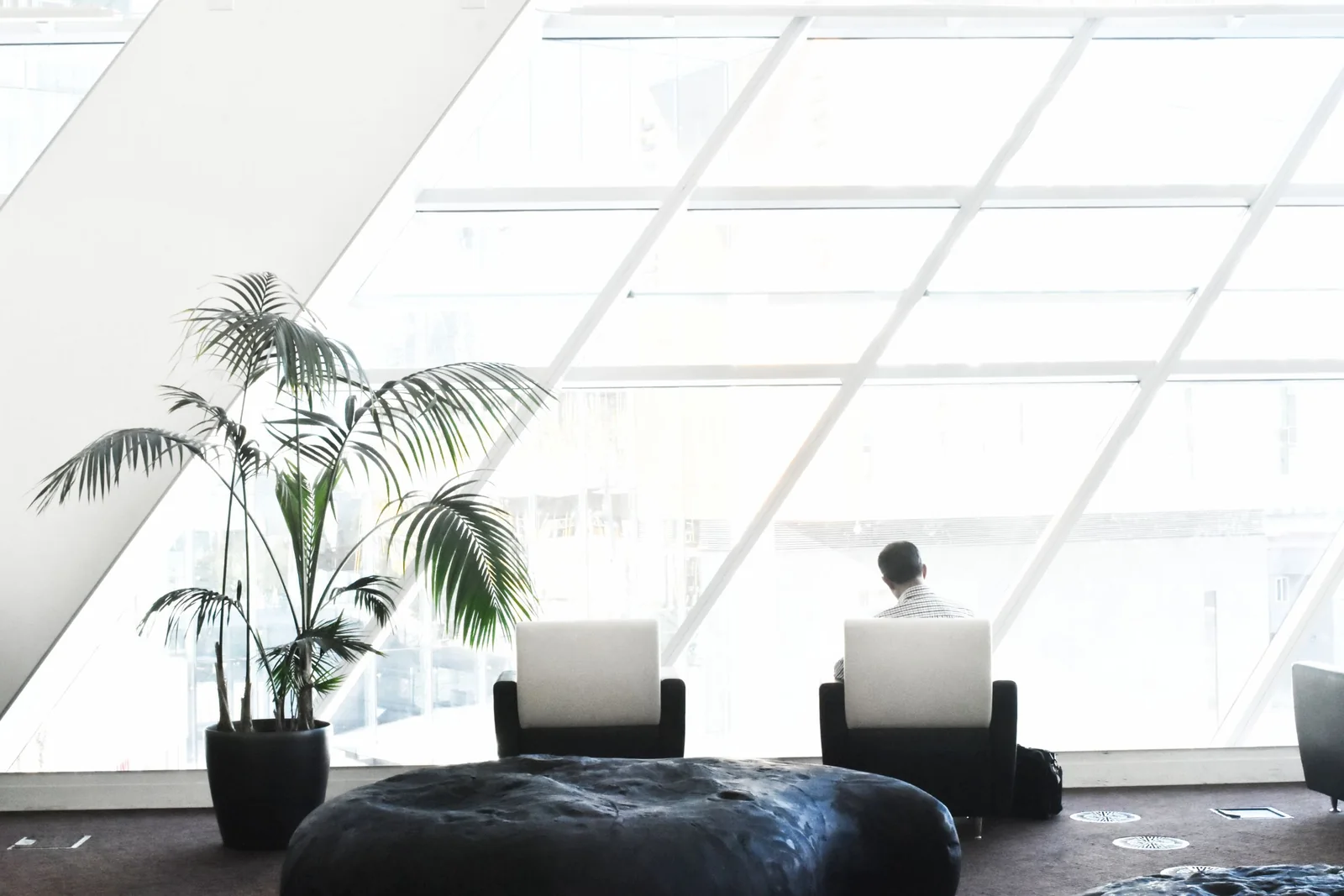 A bright office lounge with tall windows