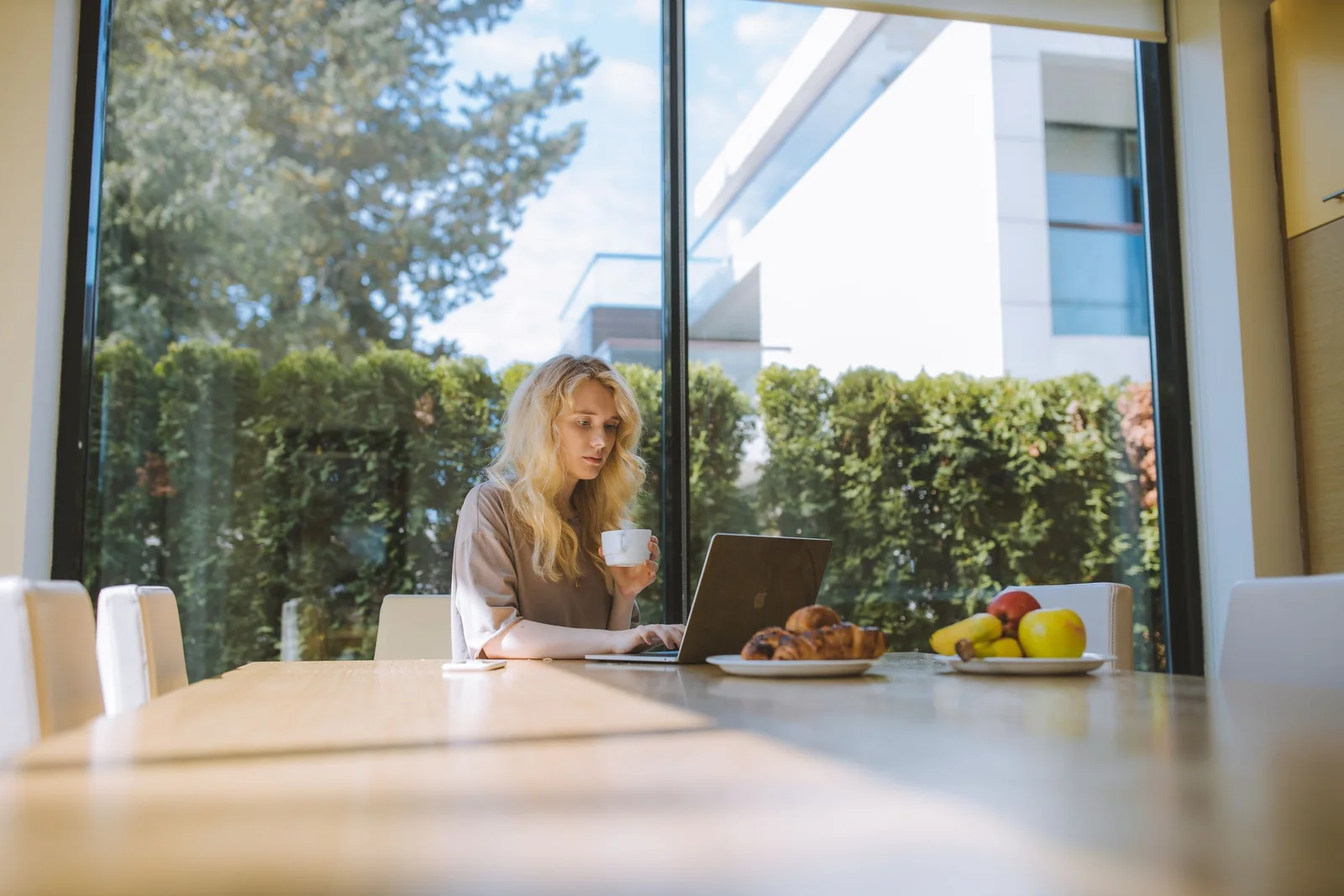 Someone working on a laptop at home by a sunny window