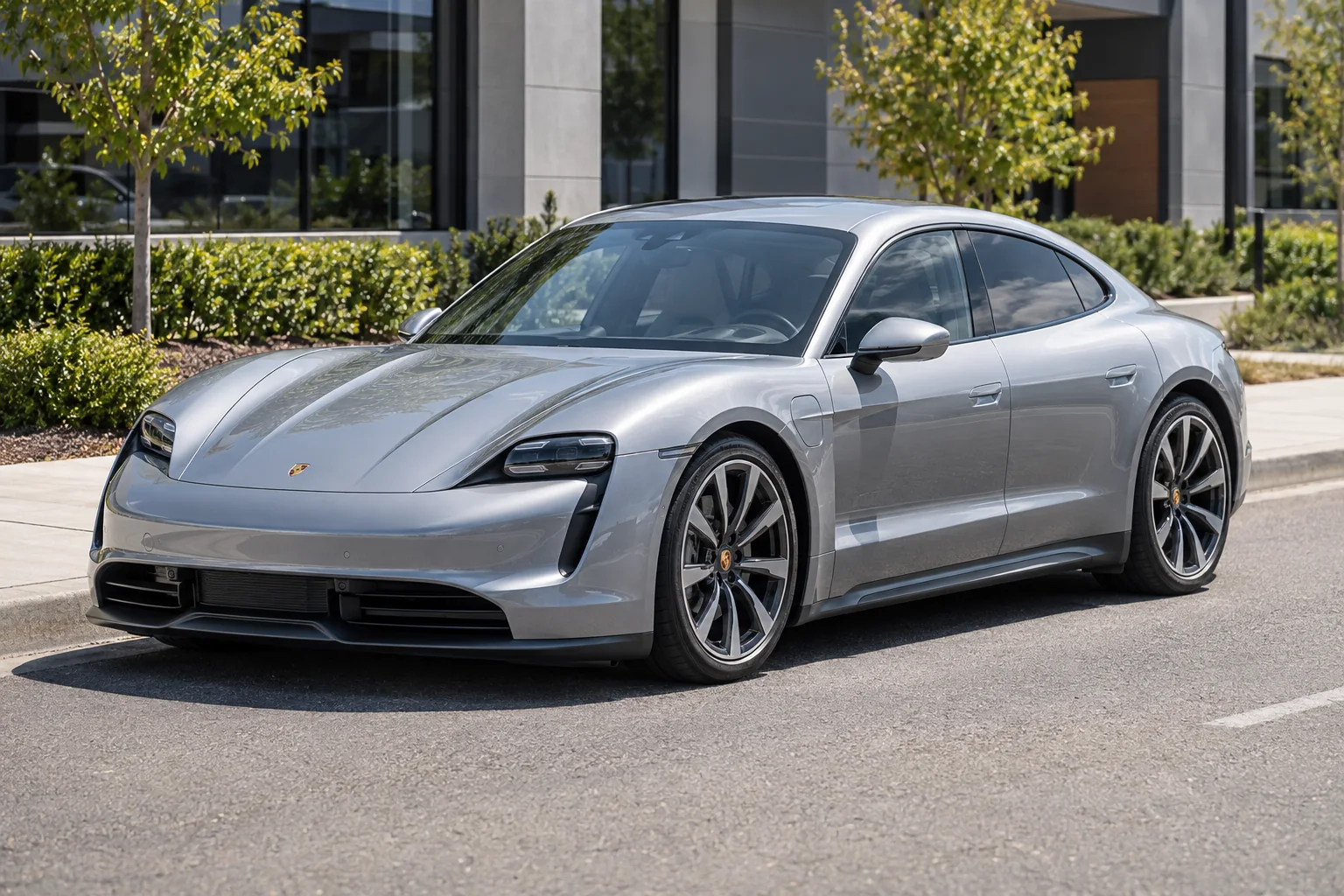 A silver electric car with ceramic window tint parked in the sun