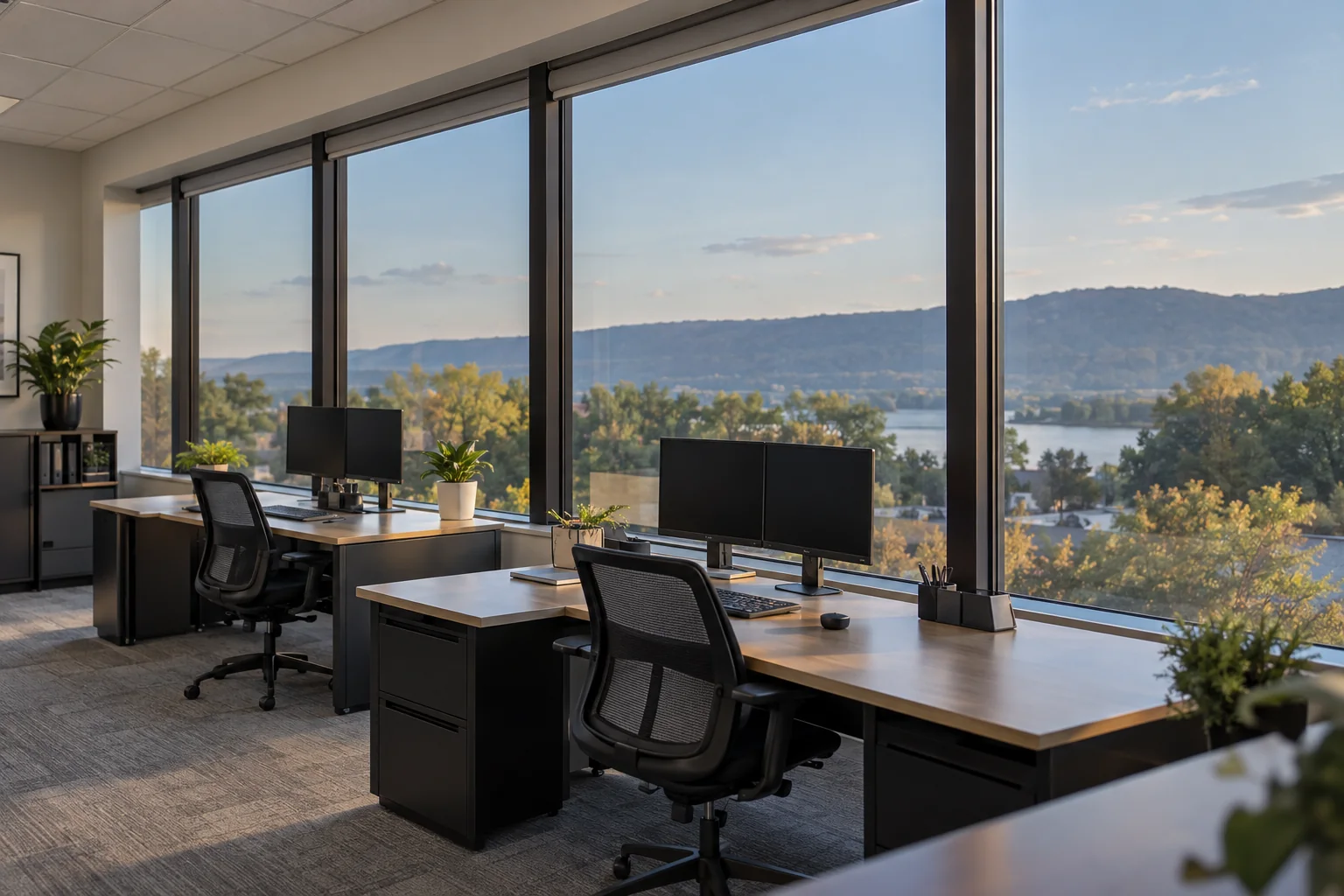 A sunny office with large windows