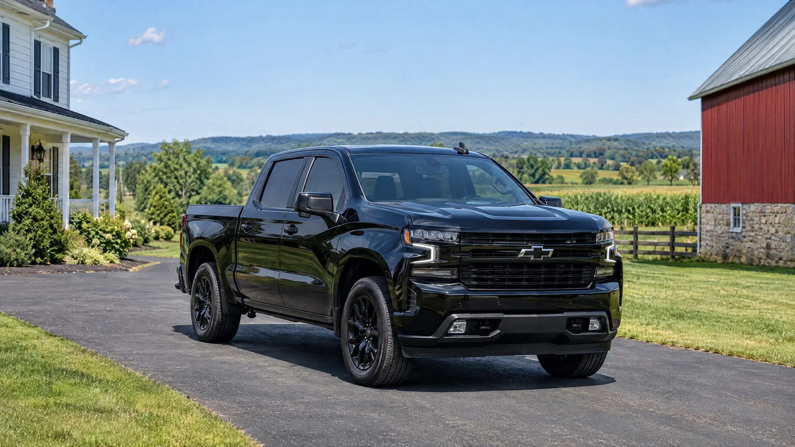 A black Chevrolet Silverado with freshly tinted windows on a farmhouse driveway in Pennsylvania
