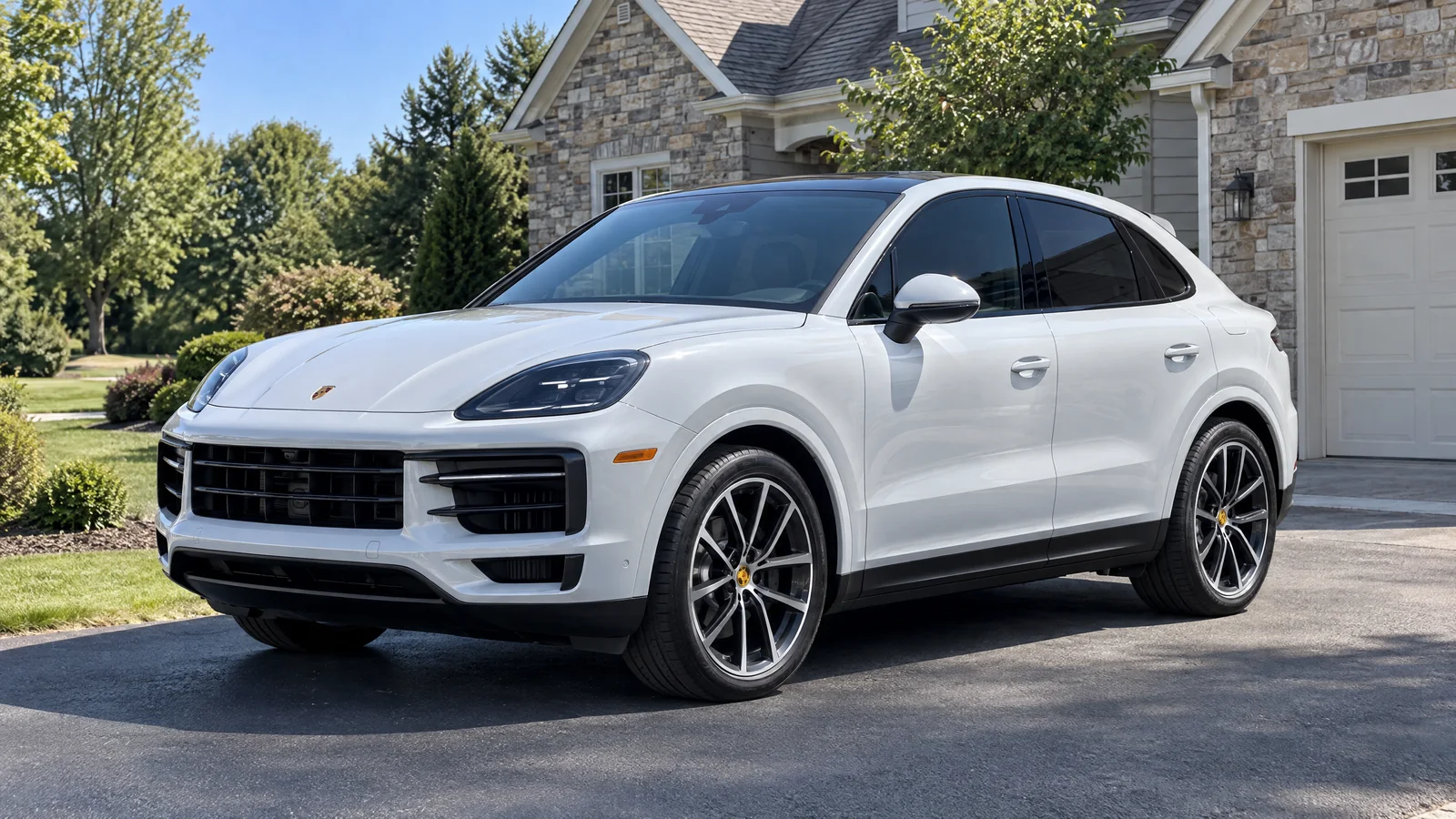 A white Porsche Cayenne Coupe with dark tinted side windows on the driveway of a stone house on a sunny day