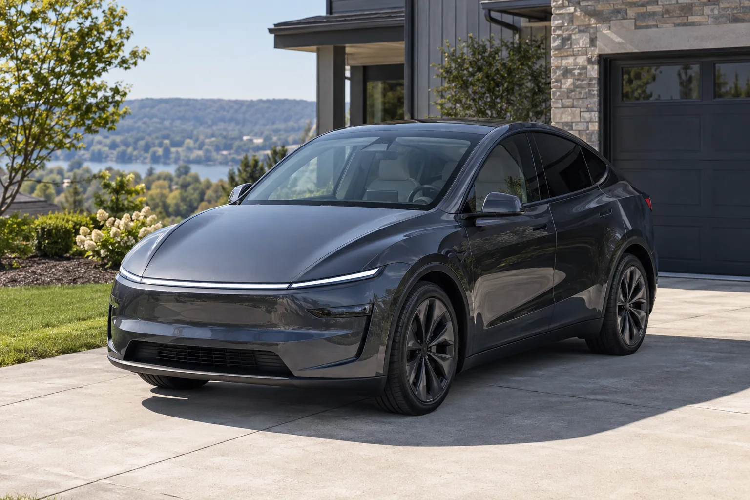 A graphite Tesla Model Y with tinted windows on a driveway