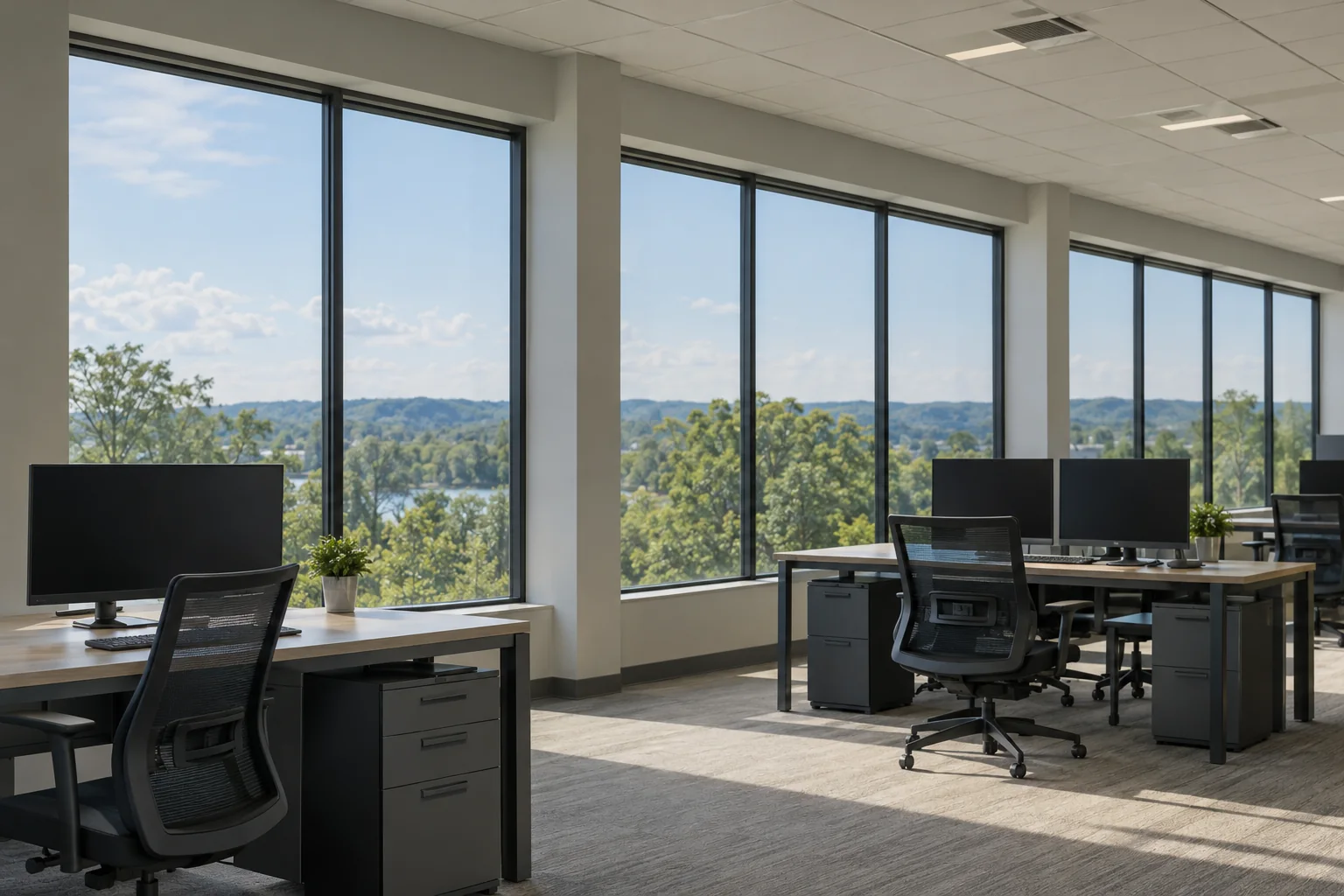 A bright office with solar film on its windows
