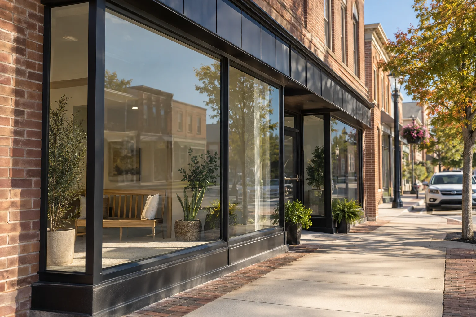 A main street storefront with film on its windows