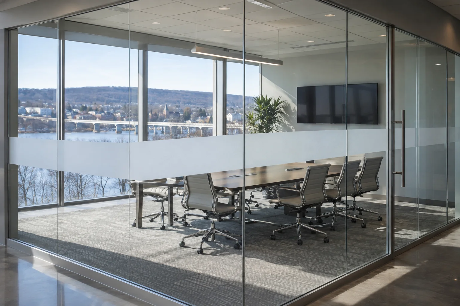 A glass meeting room with a band of frosted privacy film