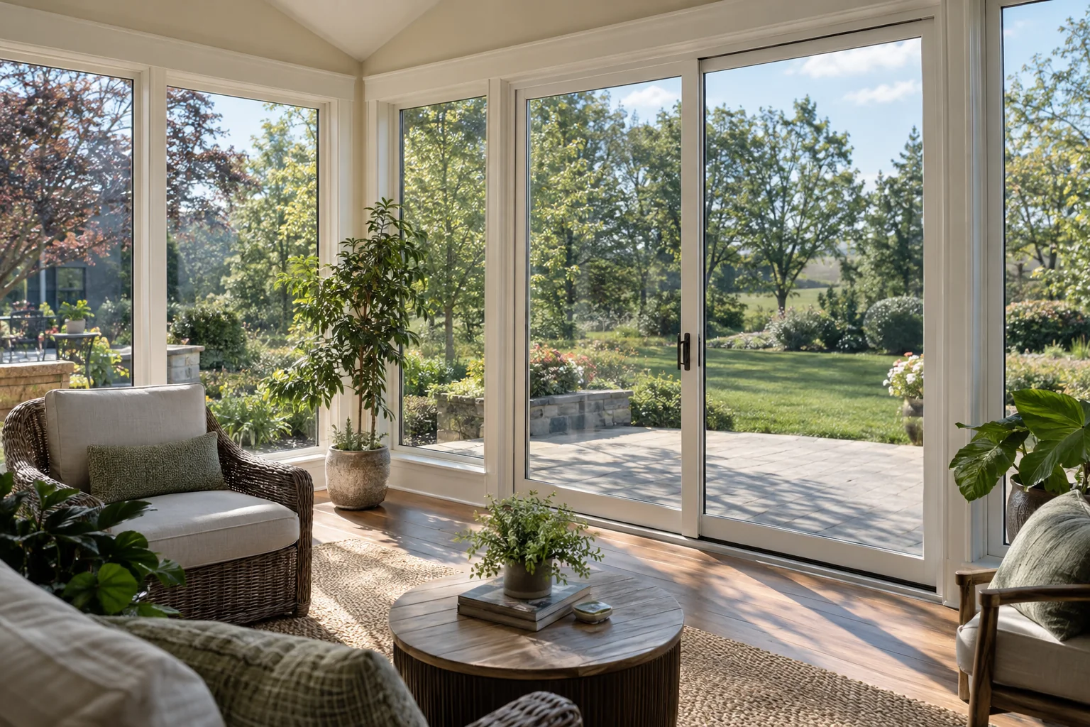 A sunroom whose glass doors have window film