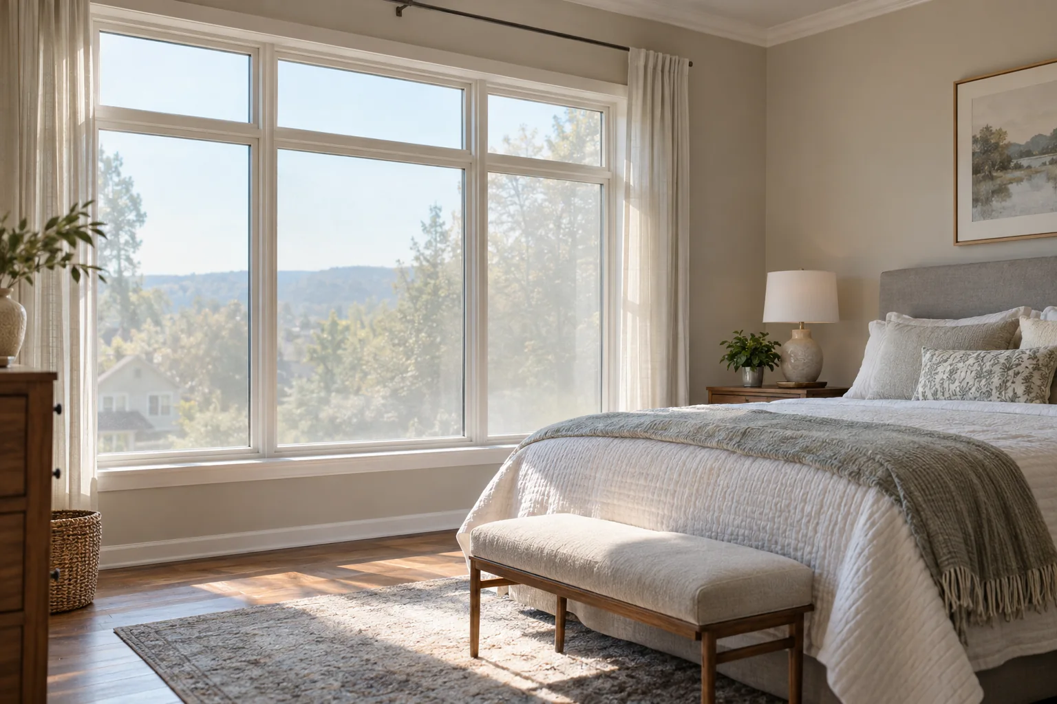 A bedroom window with light privacy film