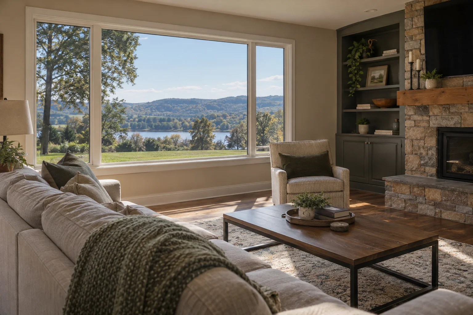 A bright living room with large windows in the afternoon sun