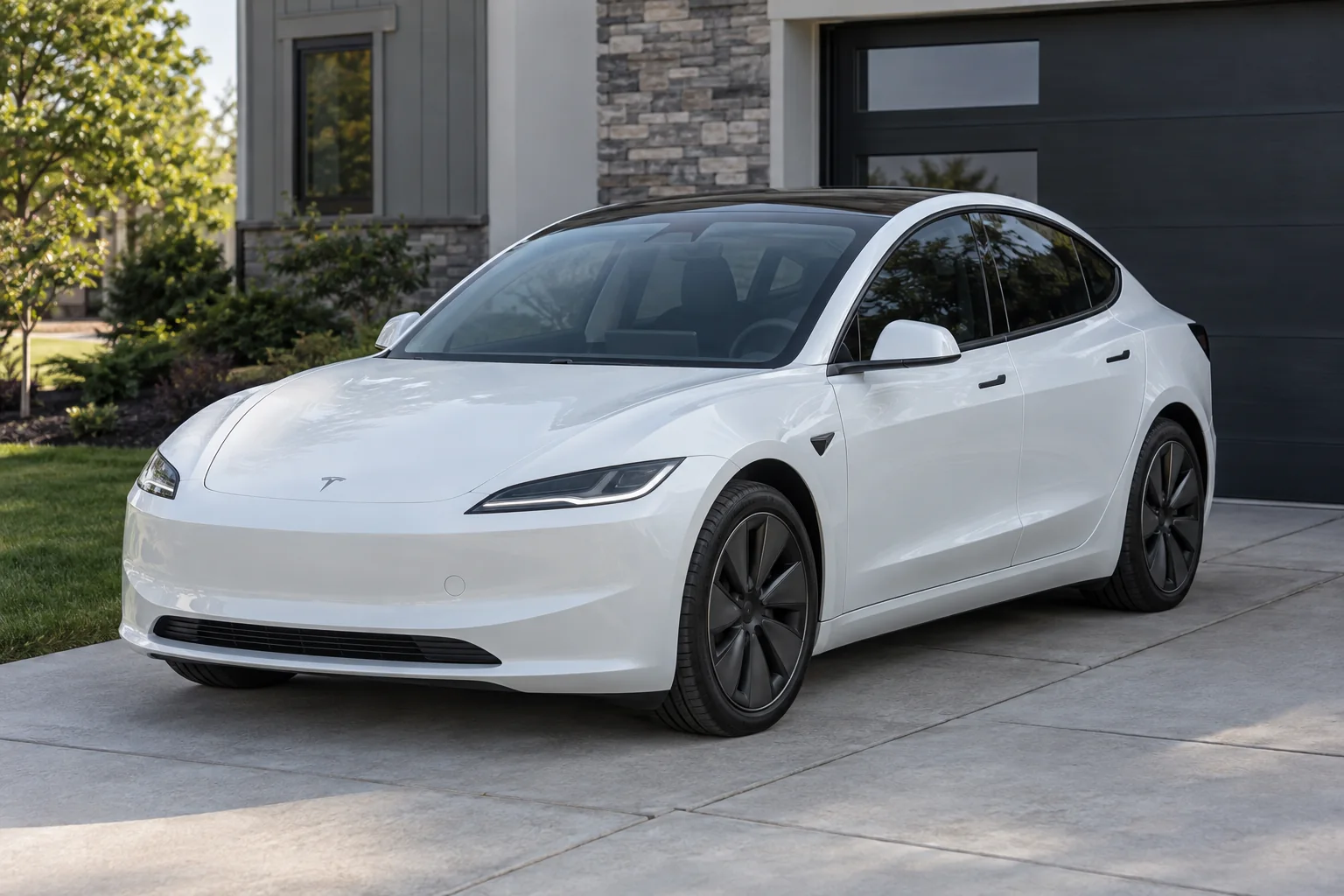 A white Tesla Model 3 with tinted windows in front of a home garage